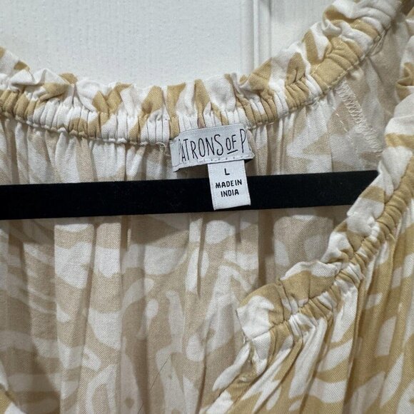 Patrons of Peace June Print Dress Ruffle Tiered 3/4 sleeves beige‎ white Large L - Picture 5 of 12
